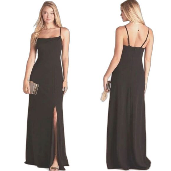 Birdy Grey Ash Maxi Dress Sz L Black Cowl Neck Crepe Bridesmaid Formal Goth - Picture 1 of 11